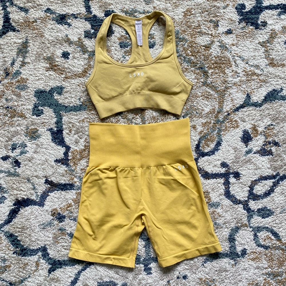 LSKD Yellow Seamless Sports Bra and Mid Shorts